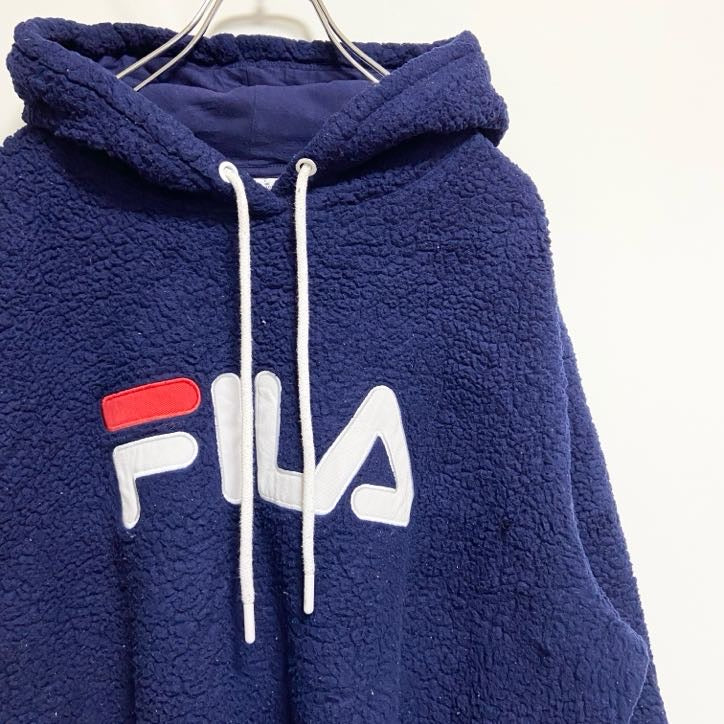 FILA　フィラ　長袖ワッペン刺繍フリースパーカー　ボアフーディー　紺　ネイビー　ビッグシルエット　2XLサイズ　古着
