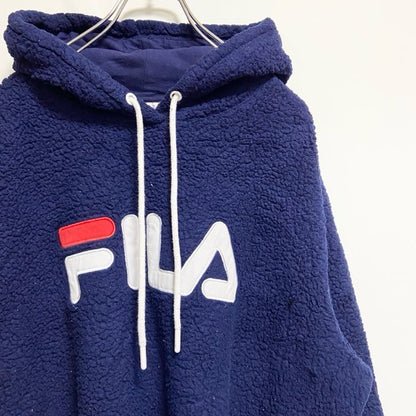 古着 used　FILA　フィラ　長袖ワッペン刺繍フリースパーカー　ボアフーディー　紺　ネイビー　ビッグシルエット　2XLサイズ