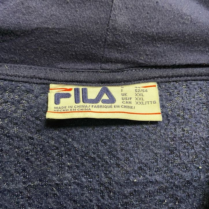 FILA　フィラ　長袖ワッペン刺繍フリースパーカー　ボアフーディー　紺　ネイビー　ビッグシルエット　2XLサイズ　古着