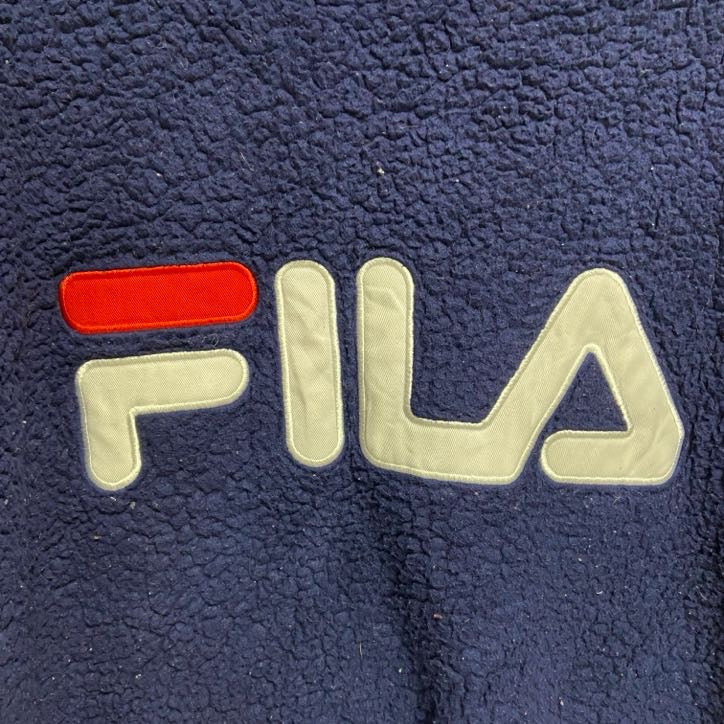 FILA　フィラ　長袖ワッペン刺繍フリースパーカー　ボアフーディー　紺　ネイビー　ビッグシルエット　2XLサイズ　古着
