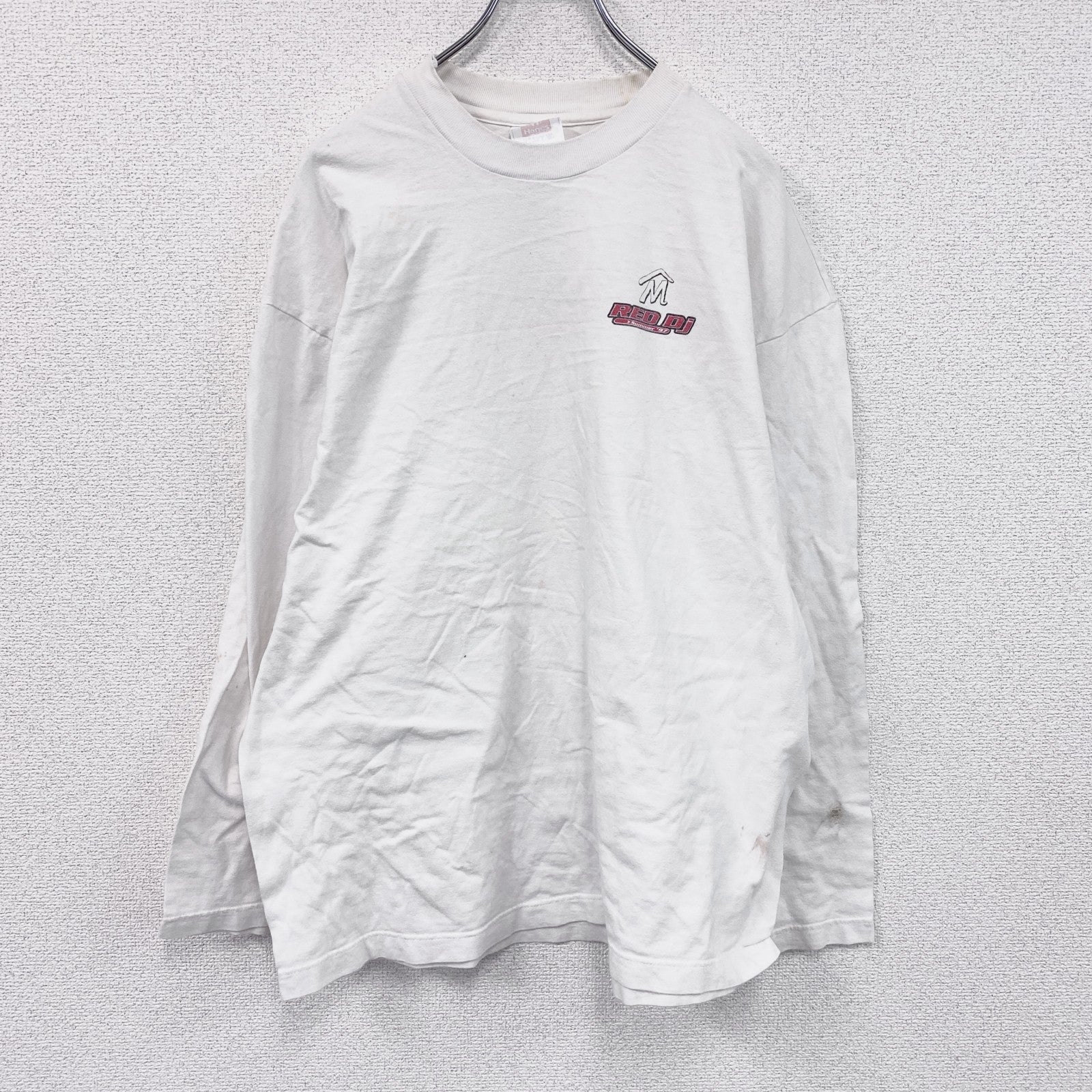 00s　Hanes　ヘインズ　長袖プリントTシャツ　ヴィンテージ　RED DJ　白　ホワイト　　古着