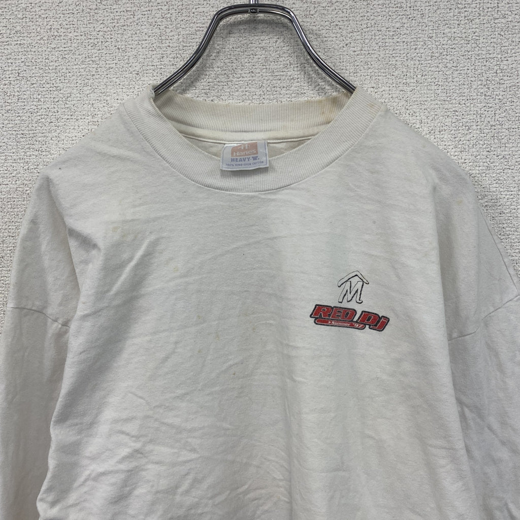 00s　Hanes　ヘインズ　長袖プリントTシャツ　ヴィンテージ　RED DJ　白　ホワイト　　古着