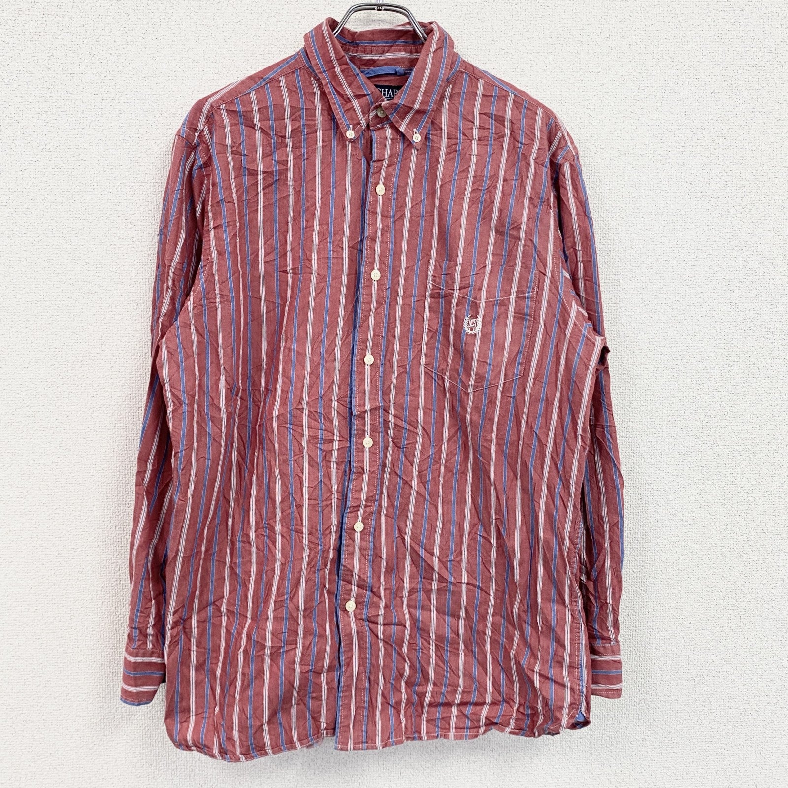 90s～　CHAPS　チャップス　長袖ボタンダウンシャツ　ヴィンテージ　ストライプ柄　赤　レッド　Lサイズ　古着