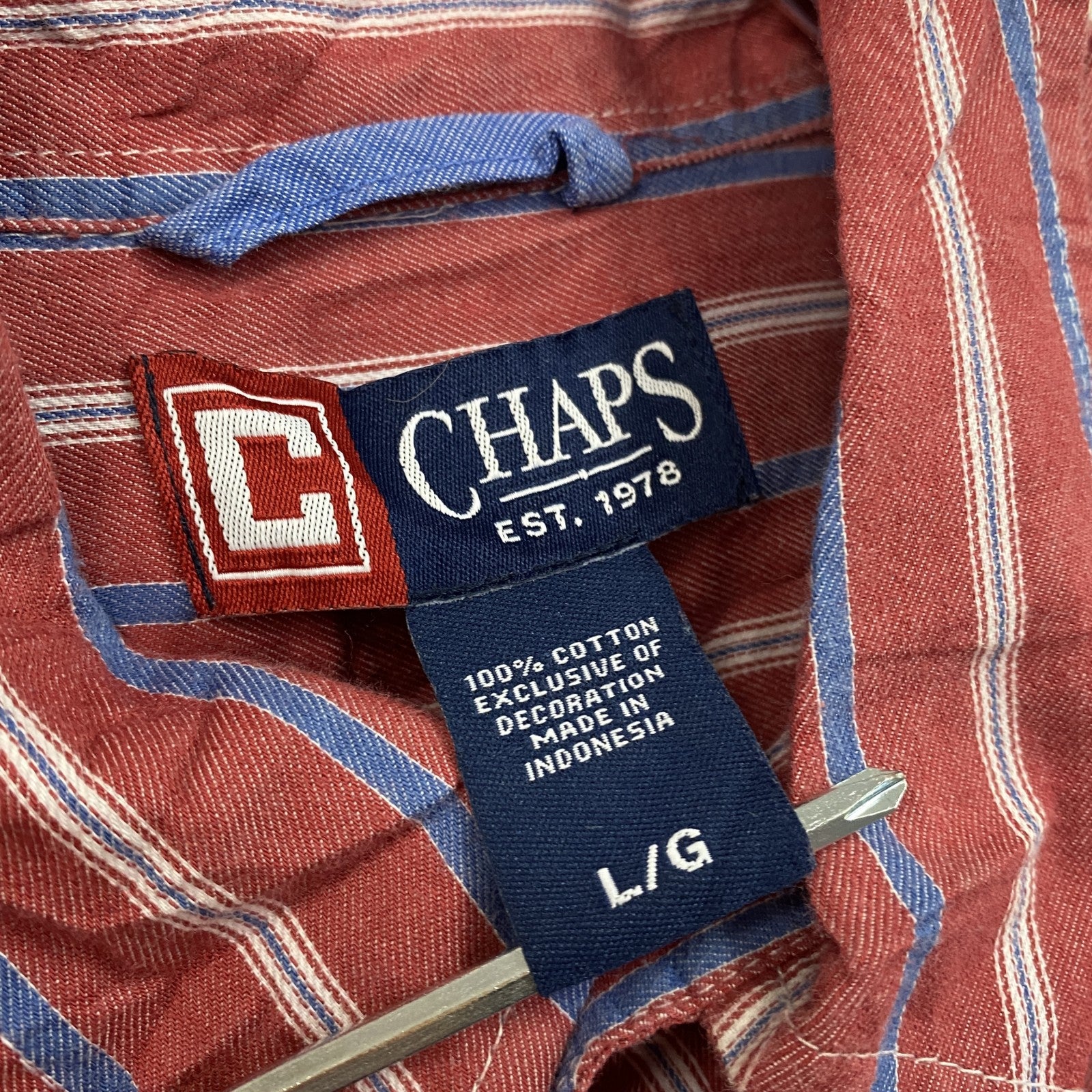90s～　CHAPS　チャップス　長袖ボタンダウンシャツ　ヴィンテージ　ストライプ柄　赤　レッド　Lサイズ　古着