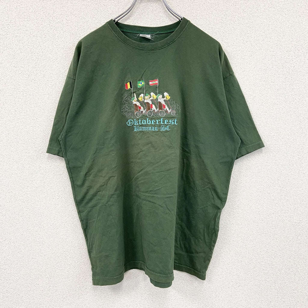 90s～　オクトーバーフェス　半袖Tシャツ　刺繍デザイン　ヴィンテージ　カーキ　古着