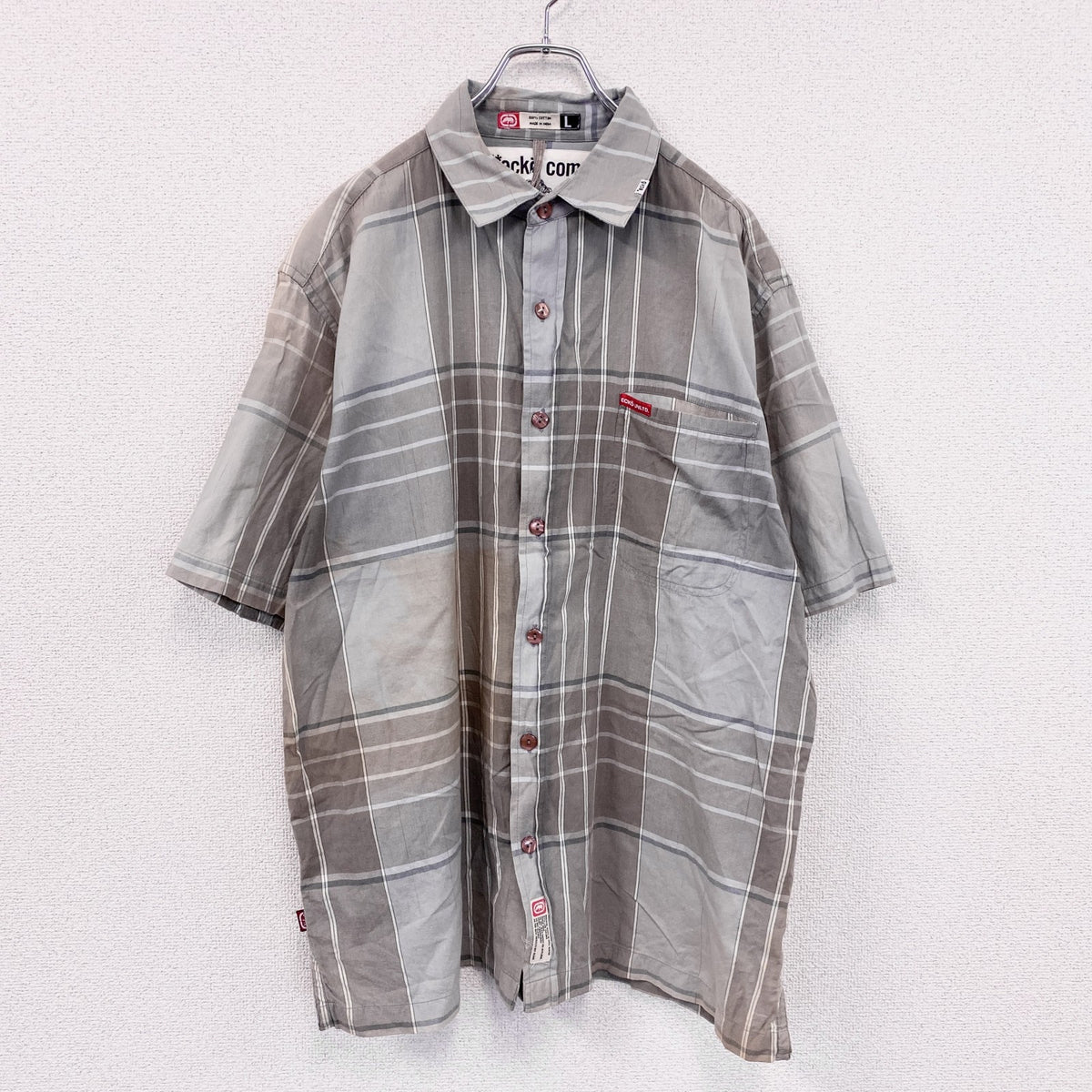 00s　Ecko conplex　エコーコンプレックス　半袖シャツ　ヴィンテージ　チェック柄　グレー　灰色　Lサイズ　古着