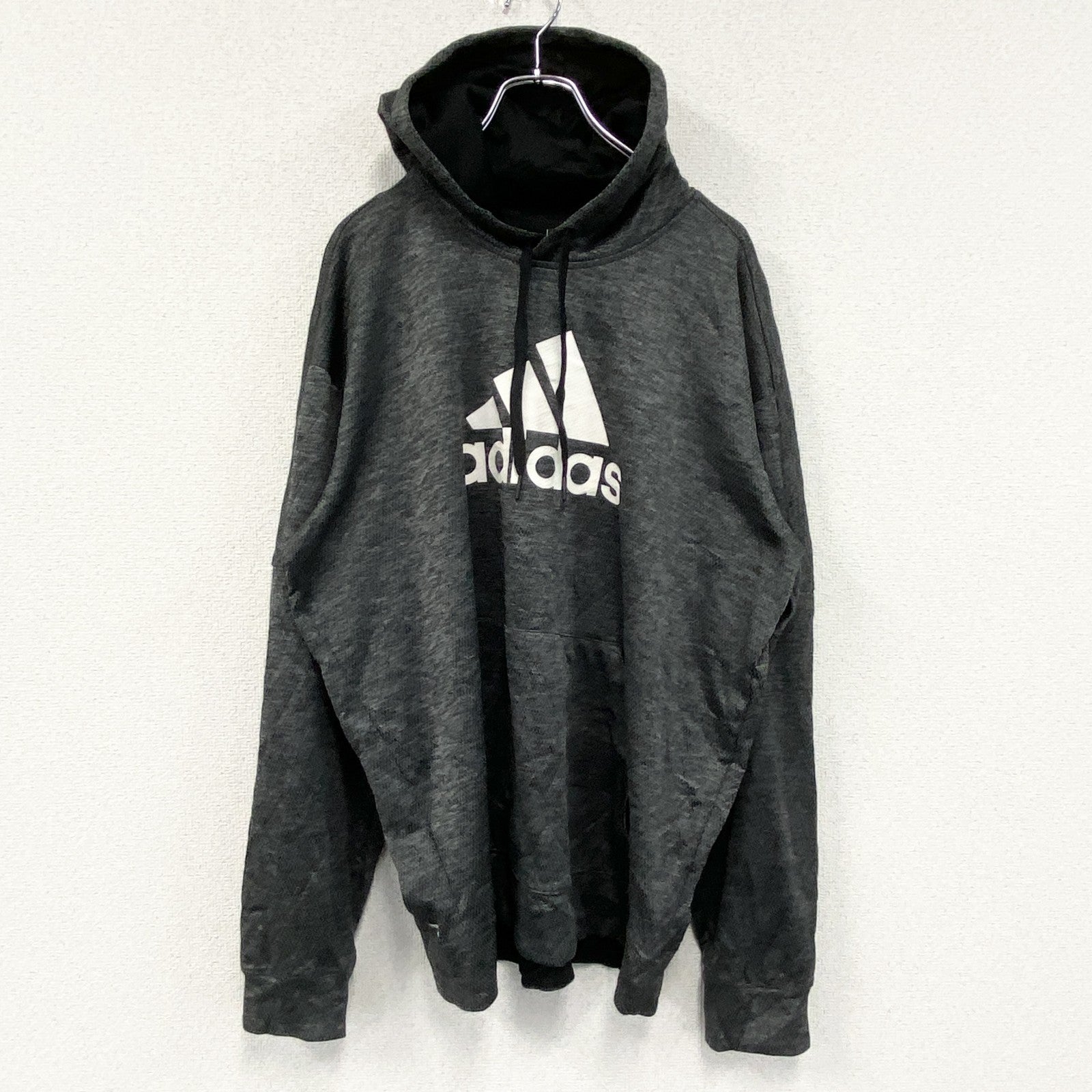 adidas　アディダス　プリントフーディ/スウェットパーカー　灰色　ダークグレー　XLサイズ　古着