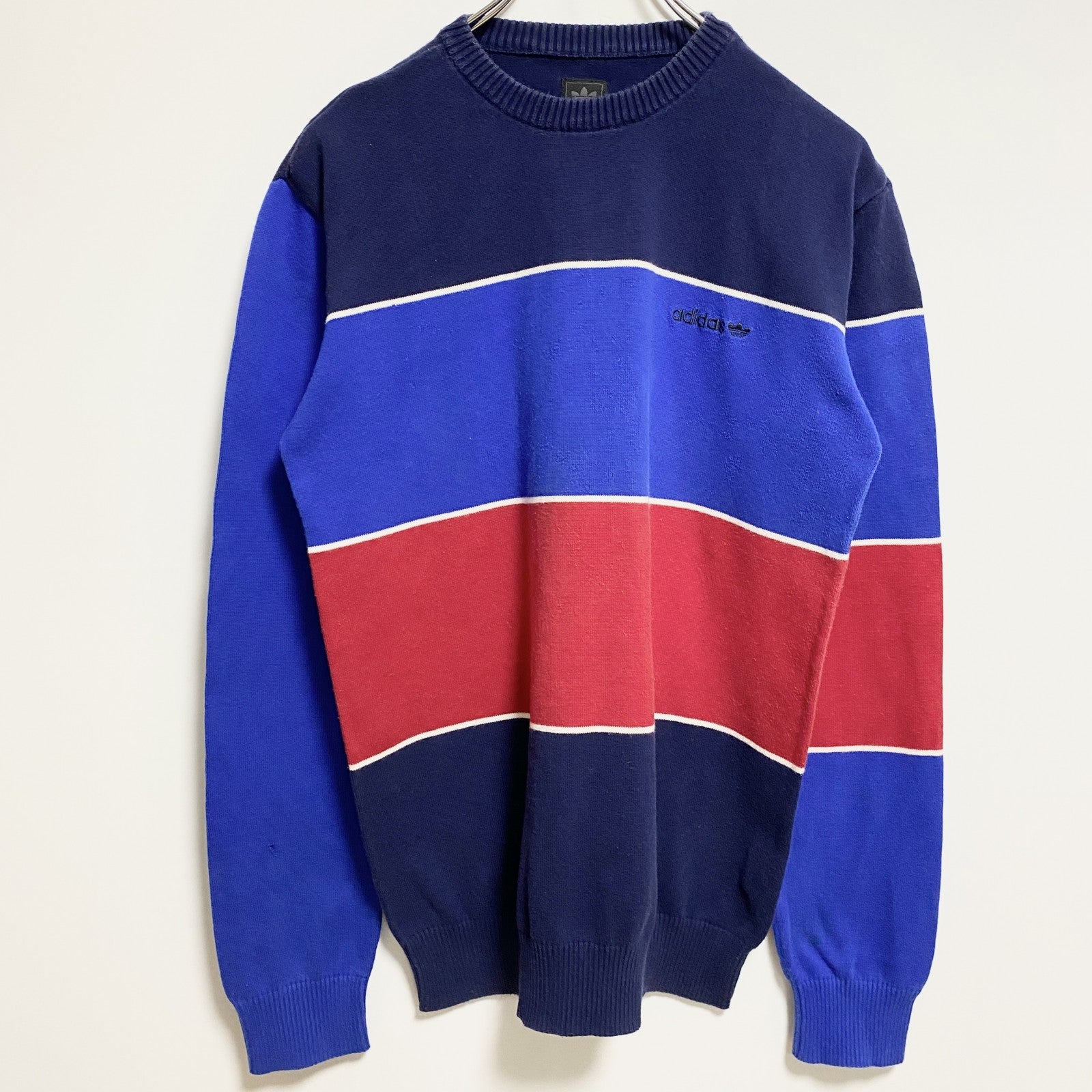 adidas　アディダス　長袖薄手ボーダー柄ニット　セーター　クルーネック　ネイビー　紺　赤　レッド　秋冬服　Mサイズ　古着