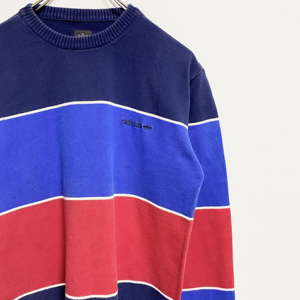 adidas　アディダス　長袖薄手ボーダー柄ニット　セーター　クルーネック　ネイビー　紺　赤　レッド　秋冬服　Mサイズ　古着