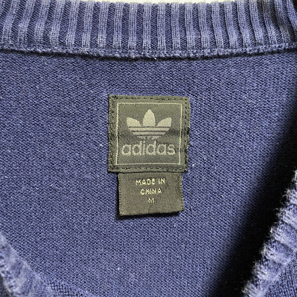 adidas　アディダス　長袖薄手ボーダー柄ニット　セーター　クルーネック　ネイビー　紺　赤　レッド　秋冬服　Mサイズ　古着