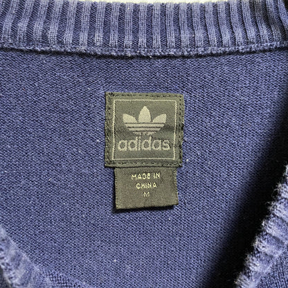 古着 used　adidas　アディダス　長袖薄手ボーダー柄ニット　セーター　クルーネック　ネイビー　赤　秋冬服　Mサイズ