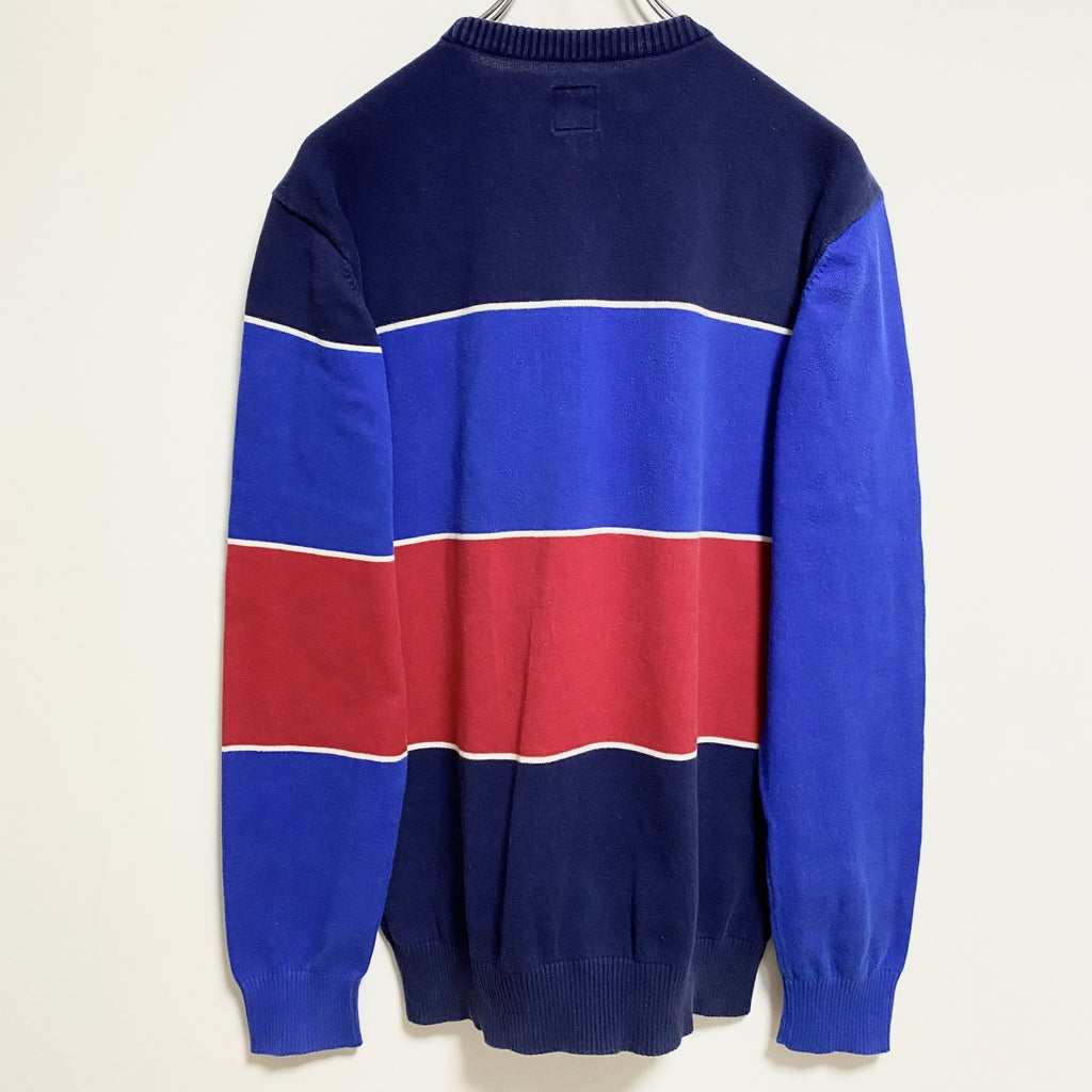 adidas　アディダス　長袖薄手ボーダー柄ニット　セーター　クルーネック　ネイビー　紺　赤　レッド　秋冬服　Mサイズ　古着