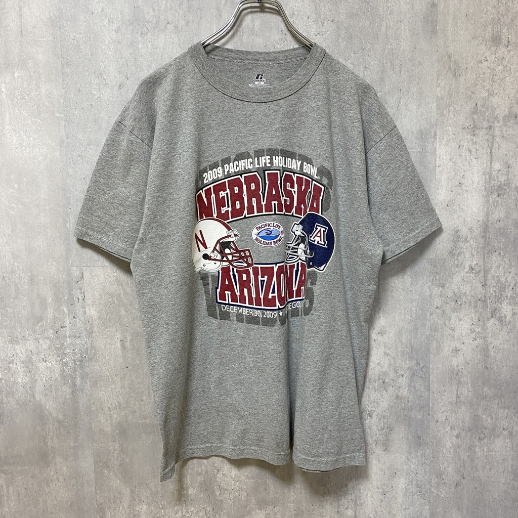 RUSSELL　ラッセル　アメフト　半袖カレッジプリントTシャツ　スポーツ　グレー　灰色　レトロ　Mサイズ　古着