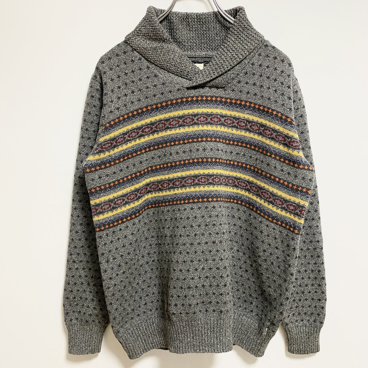 LEVI’S　リーバイス　長袖フェアアイル柄ニット　セーター　ショールカラー　グレー　灰色　秋冬服　Mサイズ　古着