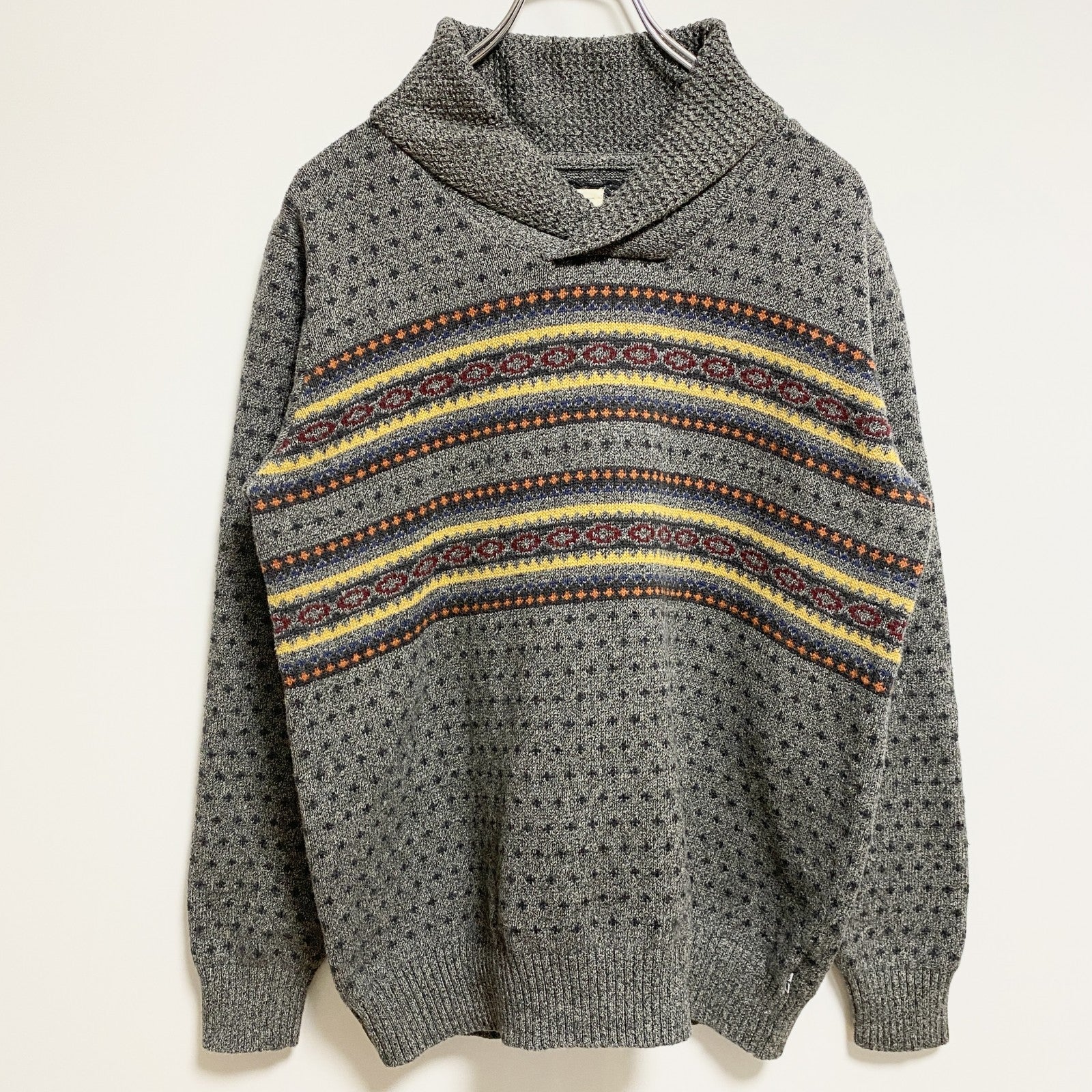 LEVI’S　リーバイス　長袖フェアアイル柄ニット　セーター　ショールカラー　グレー　灰色　秋冬服　Mサイズ　古着