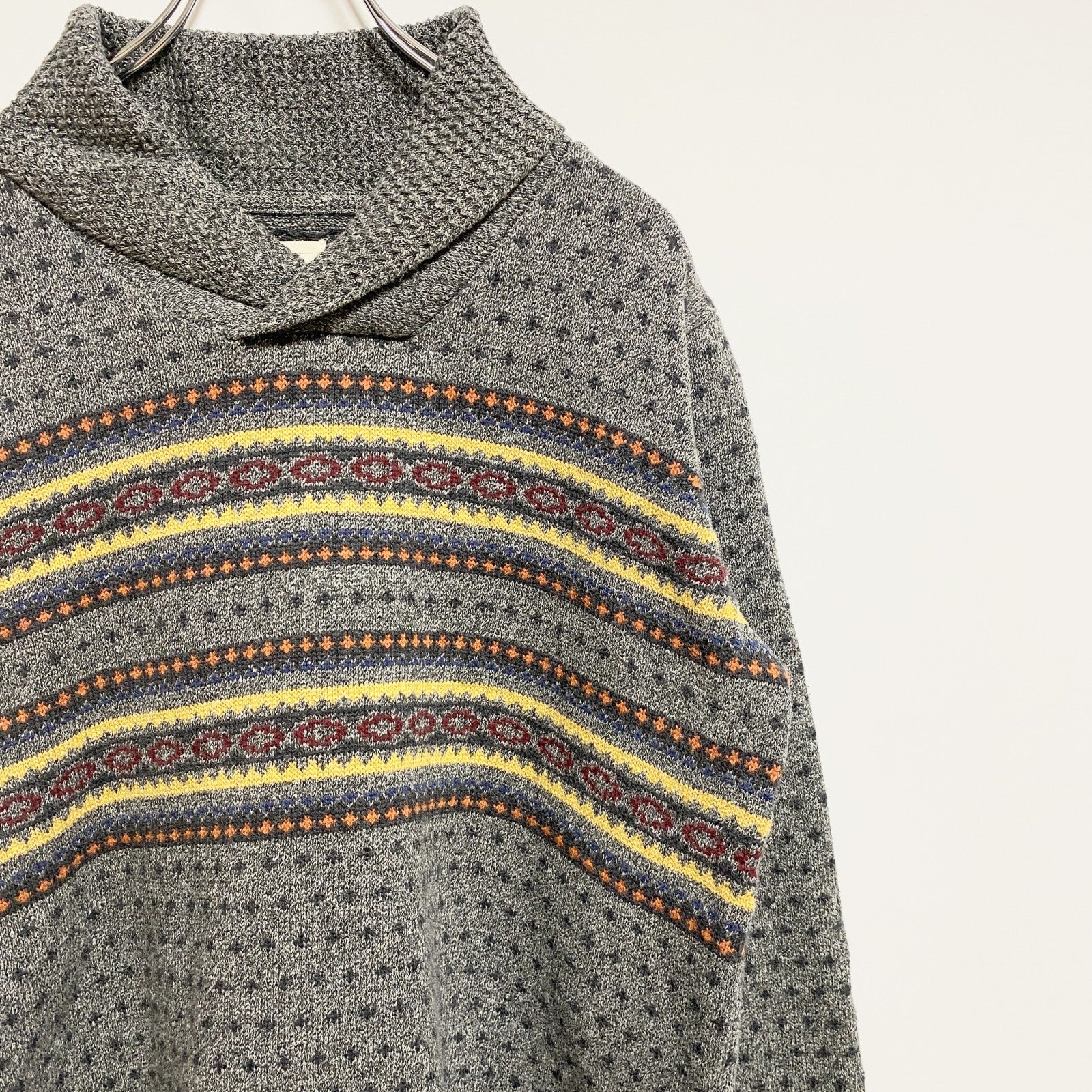 LEVI’S　リーバイス　長袖フェアアイル柄ニット　セーター　ショールカラー　グレー　灰色　秋冬服　Mサイズ　古着