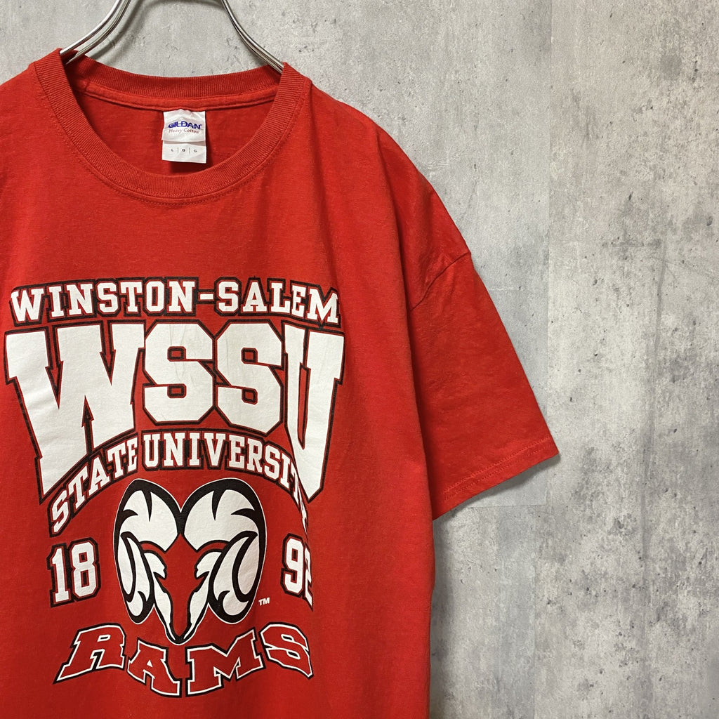 GILDAN　ギルダン　WSSU　RAMS　半袖カレッジロゴプリントTシャツ　バックプリント　赤　レッド　Lサイズ　古着