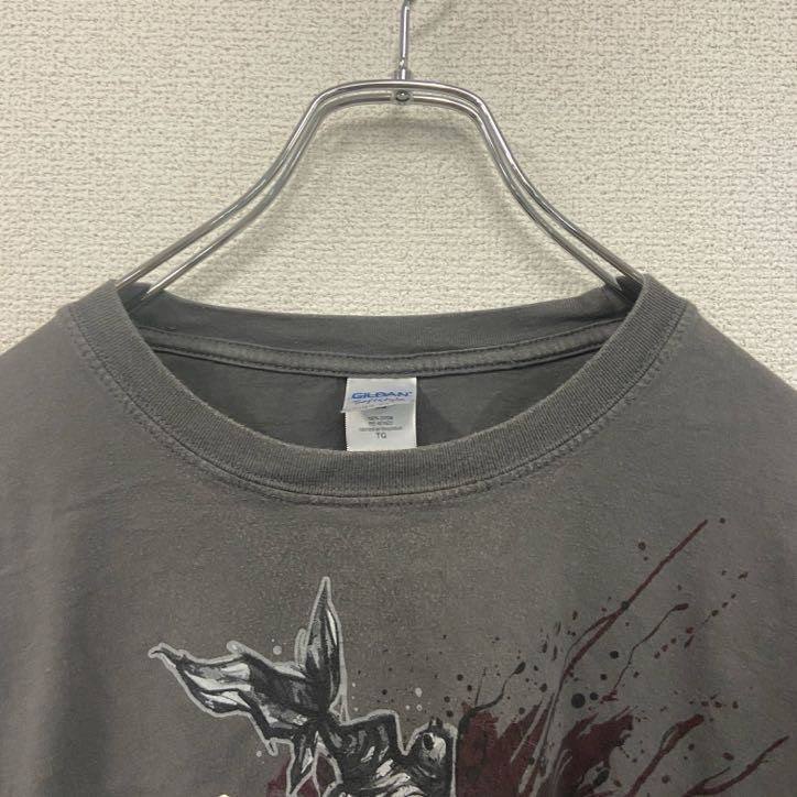 GILDAN　半袖プリントTシャツ　心臓　キツツキ　灰色　ダークグレー　XLサイズ　　　古着