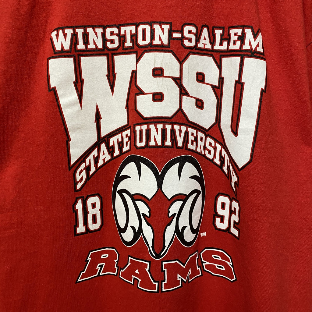 GILDAN　ギルダン　WSSU　RAMS　半袖カレッジロゴプリントTシャツ　バックプリント　赤　レッド　Lサイズ　古着