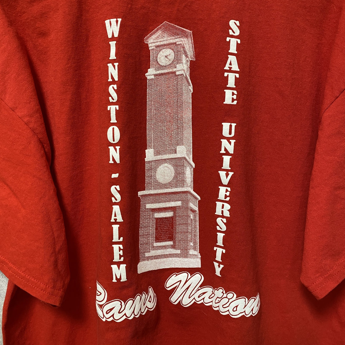 GILDAN　ギルダン　WSSU　RAMS　半袖カレッジロゴプリントTシャツ　バックプリント　赤　レッド　Lサイズ　古着