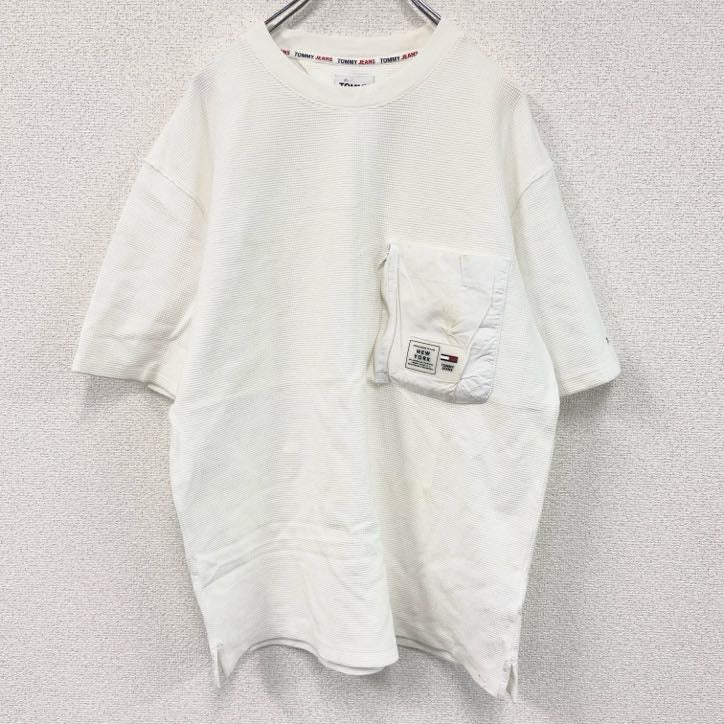 TOMMY JEANS　トミージーンズ　半袖ワッフル地Tシャツ　ポケT　白　ホワイト　Sサイズ　　　古着