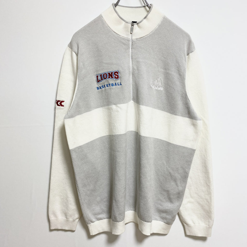 adidas　アディダス　長袖ハーフジップ薄手ニット　セーター　ワンポイント刺繍　バスケットボール　白　ホワイト　Lサイズ　古着