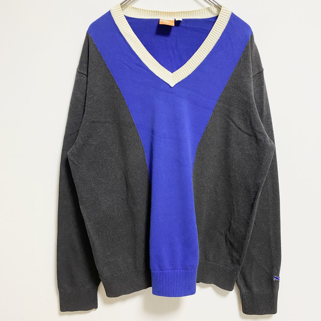 PUMA　プーマ　長袖薄手Vネックニット　セーター　ネイビー　紺　ダークグレー　バイカラー　秋冬服　Lサイズ　古着