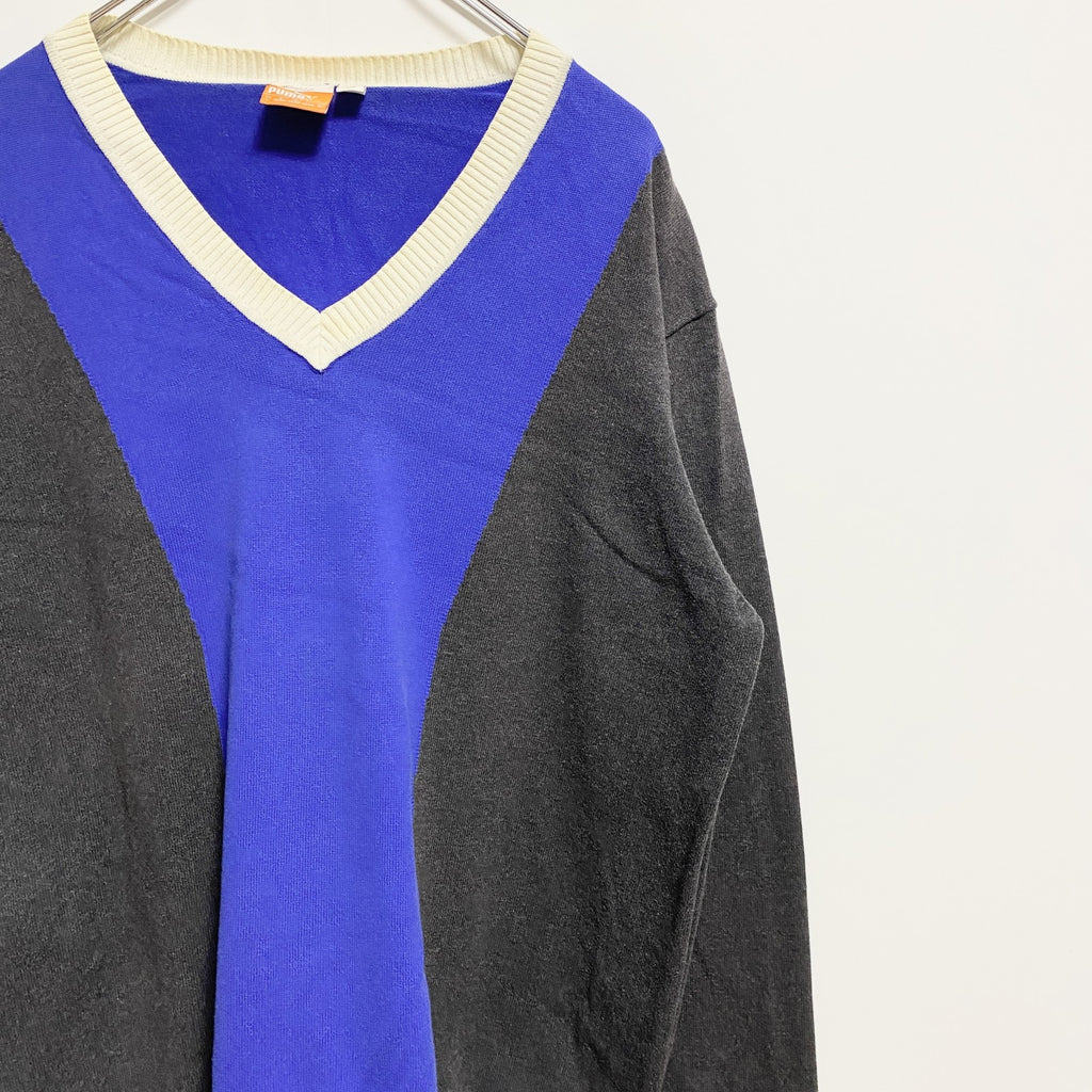 PUMA　プーマ　長袖薄手Vネックニット　セーター　ネイビー　紺　ダークグレー　バイカラー　秋冬服　Lサイズ　古着
