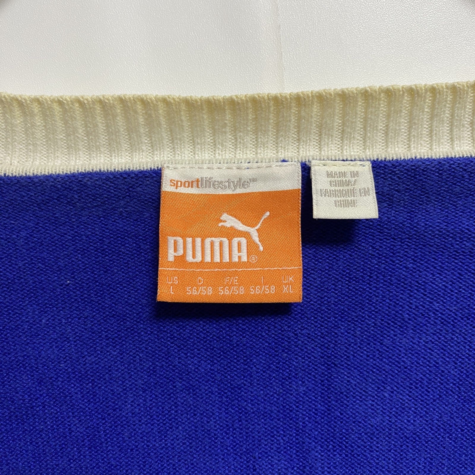 PUMA　プーマ　長袖薄手Vネックニット　セーター　ネイビー　紺　ダークグレー　バイカラー　秋冬服　Lサイズ　古着