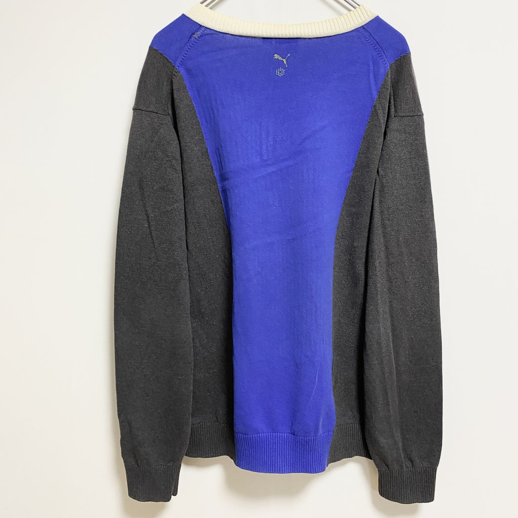 PUMA　プーマ　長袖薄手Vネックニット　セーター　ネイビー　紺　ダークグレー　バイカラー　秋冬服　Lサイズ　古着