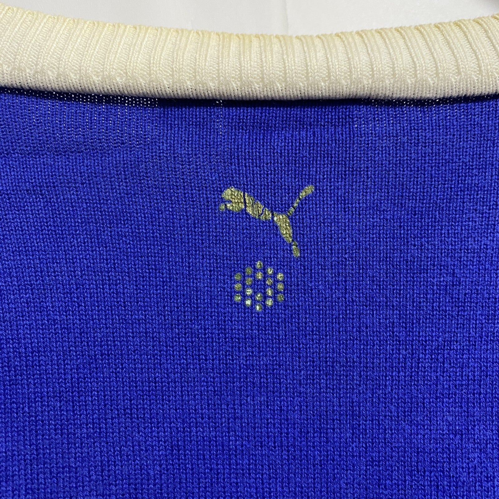 PUMA　プーマ　長袖薄手Vネックニット　セーター　ネイビー　紺　ダークグレー　バイカラー　秋冬服　Lサイズ　古着