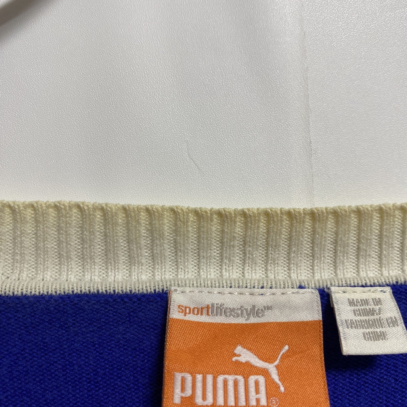 PUMA　プーマ　長袖薄手Vネックニット　セーター　ネイビー　紺　ダークグレー　バイカラー　秋冬服　Lサイズ　古着