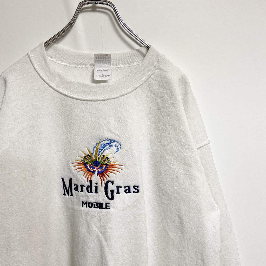 00s　GILDAN　長袖刺繍デザインスウェット　トレーナー　Mardi Gras　白　ホワイト　ヴィンテージ　Lサイズ　古着