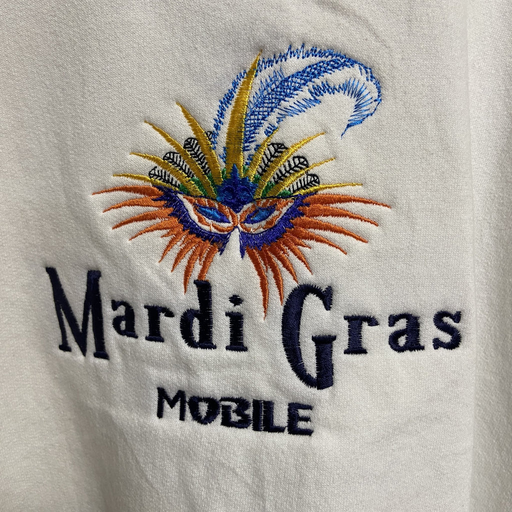 00s　GILDAN　長袖刺繍デザインスウェット　トレーナー　Mardi Gras　白　ホワイト　ヴィンテージ　Lサイズ　古着