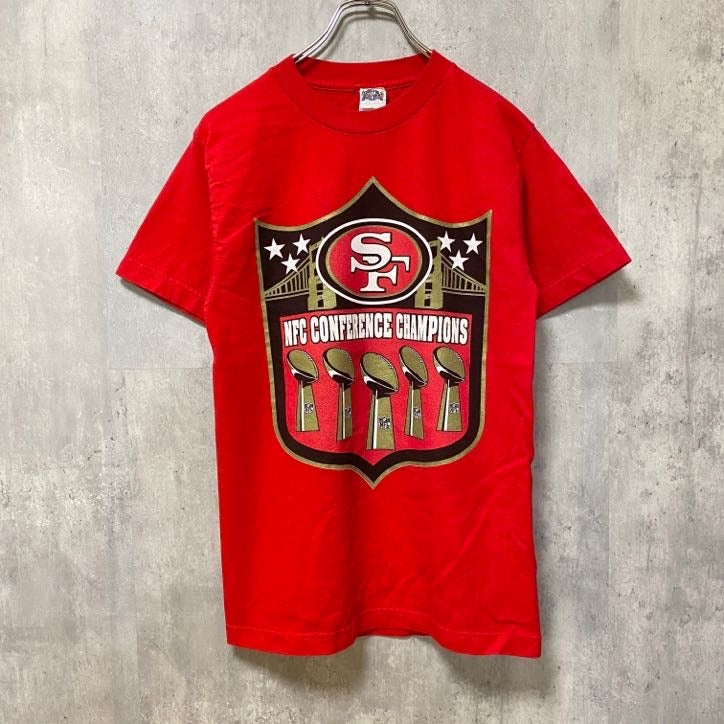NFL NFC　優勝記念　49ers　半袖プリントTシャツ　赤　レッド　アメフト　レトロデザイン　クルーネック　Sサイズ　古着