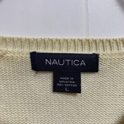 古着 used　NAUTICA　ノーティカ　長袖クルーネックニット　セーター　ワンポイント刺繍　白　ホワイト　秋冬服　Lサイズ