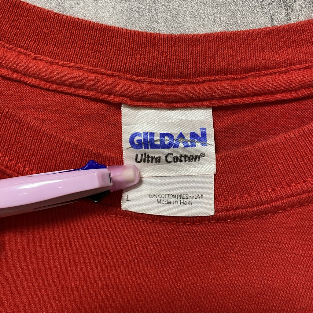 GILDAN　ギルダン　シカゴブラックホークス　半袖プリントTシャツ　赤　レッド　アイスホッケー　Lサイズ　古着