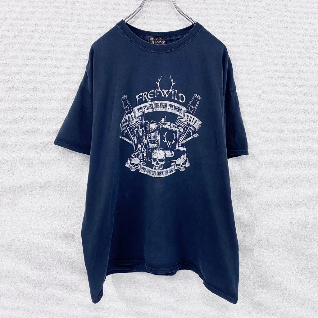 FREI WILD　フレイワイルド　半袖プリントTシャツ　バンドT　紺　ネイビー　XLサイズ　　古着