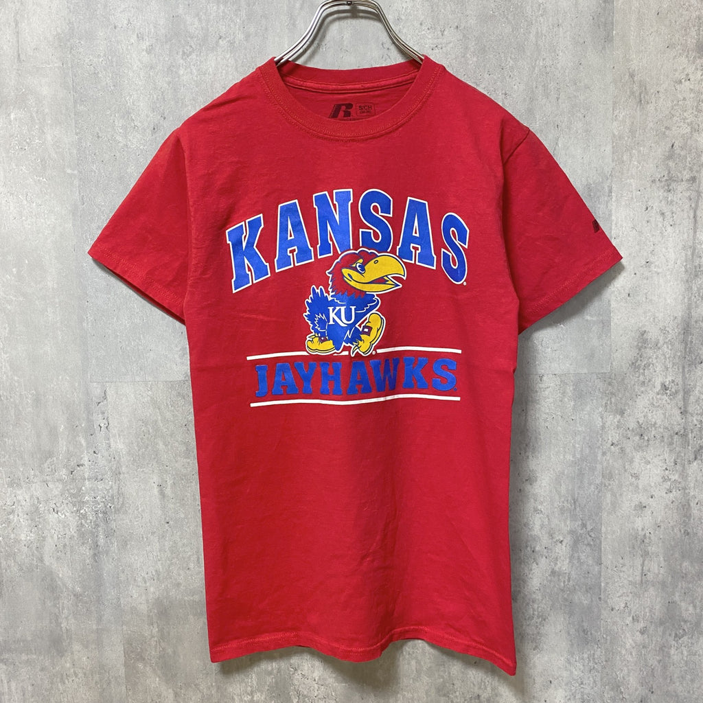 RUSSELL　JAYHAWKS　カンザス　半袖プリントTシャツ　赤　レッド　バスケットボール　カレッジ　レトロ　Sサイズ　古着