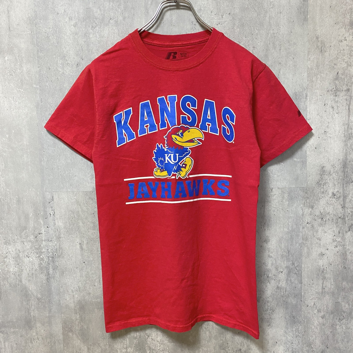 RUSSELL　JAYHAWKS　カンザス　半袖プリントTシャツ　赤　レッド　バスケットボール　カレッジ　レトロ　Sサイズ　古着