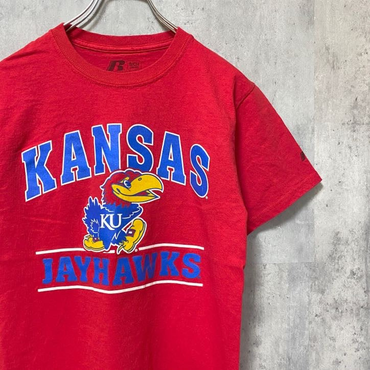 RUSSELL　JAYHAWKS　カンザス　半袖プリントTシャツ　赤　レッド　バスケットボール　カレッジ　レトロ　Sサイズ　古着
