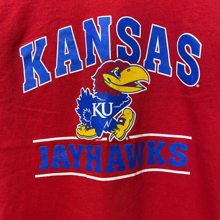 RUSSELL　JAYHAWKS　カンザス　半袖プリントTシャツ　赤　レッド　バスケットボール　カレッジ　レトロ　Sサイズ　古着