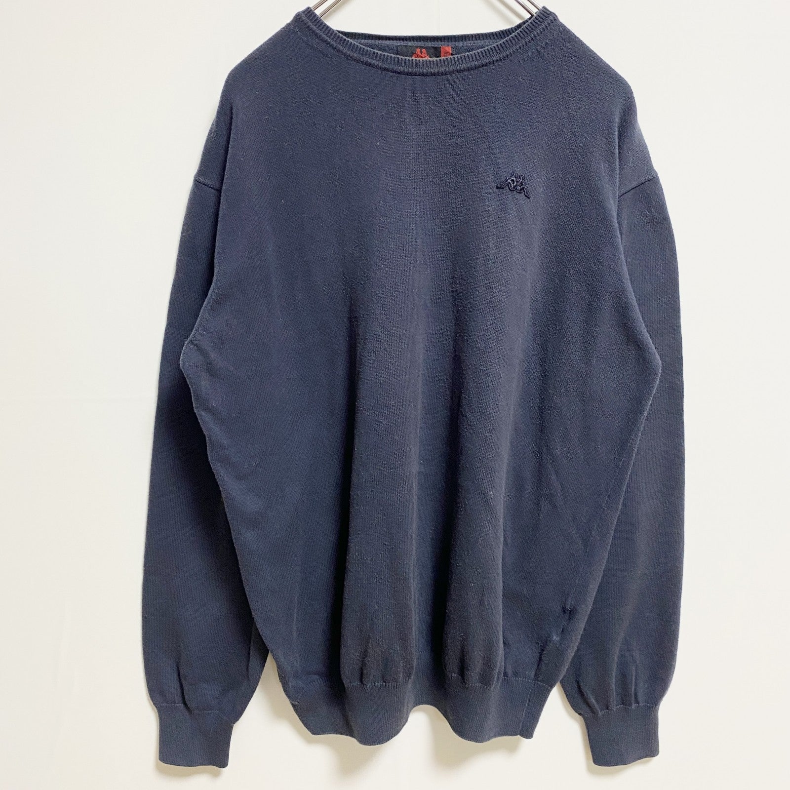 Kappa カッパ　長袖ワンポイント刺繍薄手ニット　セーター　クルーネック　ネイビー　紺　レトロデザイン　Lサイズ　古着
