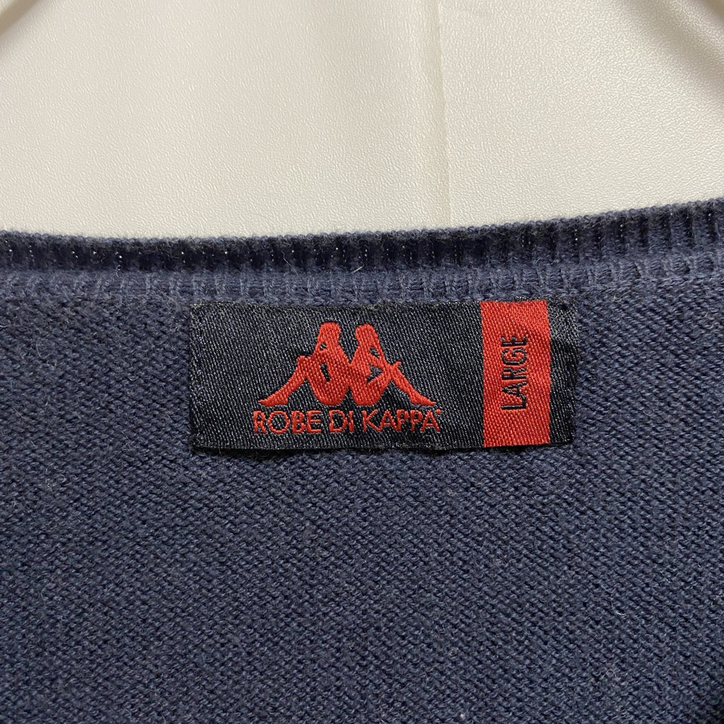 Kappa カッパ　長袖ワンポイント刺繍薄手ニット　セーター　クルーネック　ネイビー　紺　レトロデザイン　Lサイズ　古着