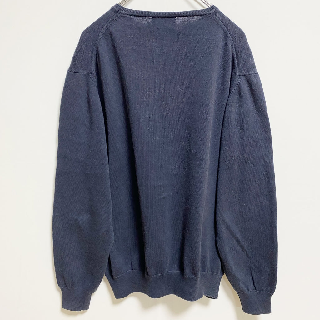 Kappa カッパ　長袖ワンポイント刺繍薄手ニット　セーター　クルーネック　ネイビー　紺　レトロデザイン　Lサイズ　古着