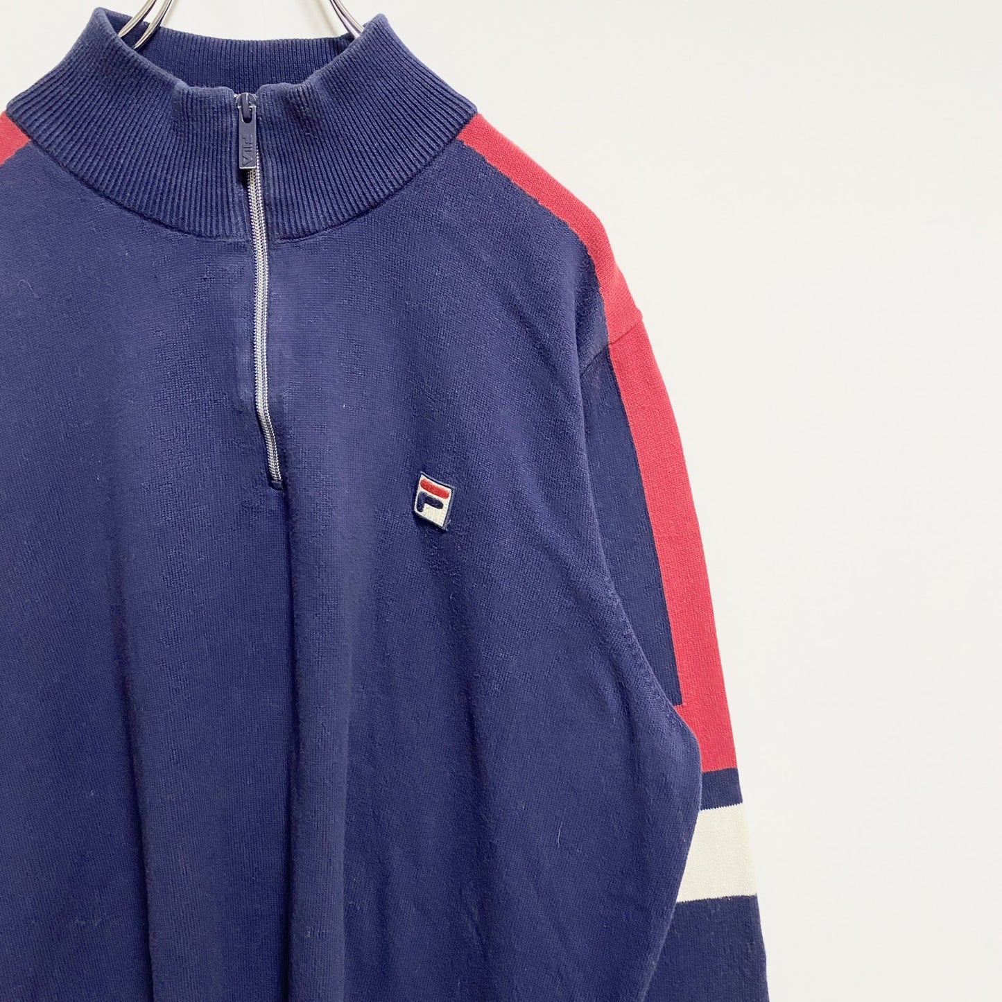 古着 used　FILA　フィラ　長袖ハーフジップ薄手ニット　セーター　ワッペン　ネイビー　秋冬服　ビッグシルエット　XLサイズ