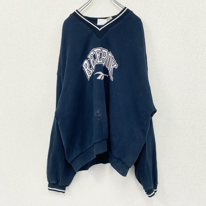 90s～　Reebok　リーボック　スウェットプルオーバージャケット　デカロゴ　Vネック　ヴィンテージ　紺　ネイビー　古着