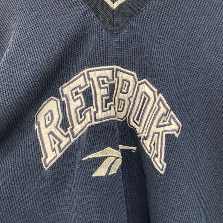 90s～　Reebok　リーボック　スウェットプルオーバージャケット　デカロゴ　Vネック　ヴィンテージ　紺　ネイビー　古着