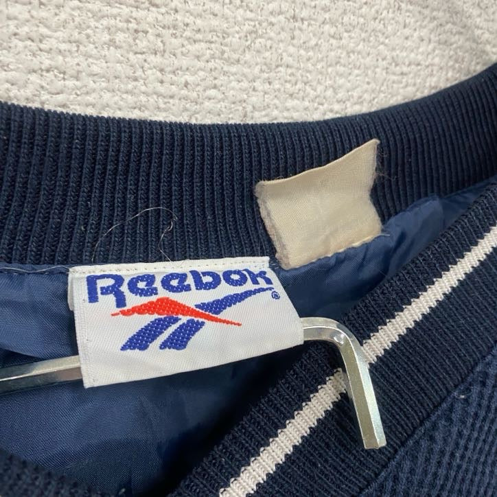90s～　Reebok　リーボック　スウェットプルオーバージャケット　デカロゴ　Vネック　ヴィンテージ　紺　ネイビー　古着