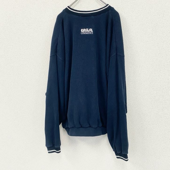 90s～　Reebok　リーボック　スウェットプルオーバージャケット　デカロゴ　Vネック　ヴィンテージ　紺　ネイビー　古着